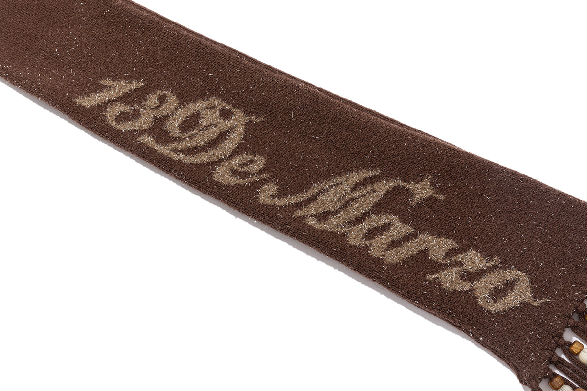 13DE MARZO Doozoo Bow Tassel Beaded Scarf Brown