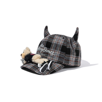 13DE MARZO Rolling Stones Devil Horn Plaid Cap Grey