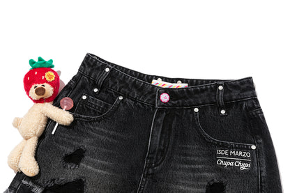 13DE MARZO Lollipop Distressed Denim Shorts Black - 13DE MARZO
