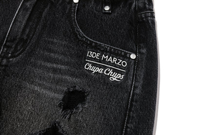 13DE MARZO Lollipop Distressed Denim Shorts Black - 13DE MARZO