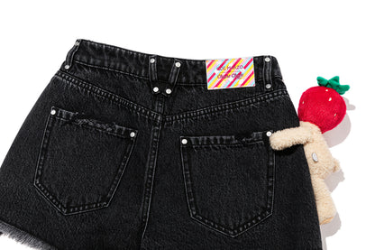 13DE MARZO Lollipop Distressed Denim Shorts Black - 13DE MARZO