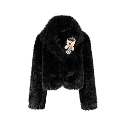 13DE MARZO Rolling Stones Cropped Faux Fur Jacket Black