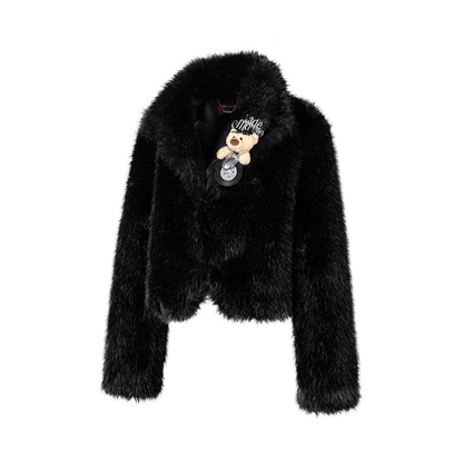 13DE MARZO Rolling Stones Cropped Faux Fur Jacket Black