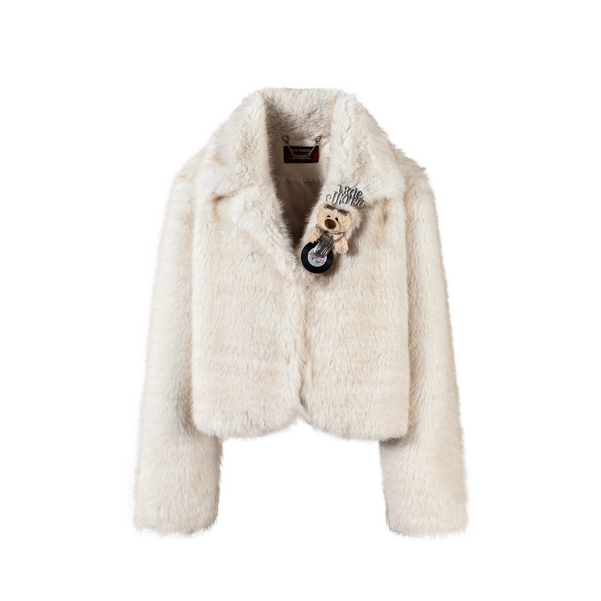 13DE MARZO Rolling Stones Cropped Faux Fur Jacket Beige