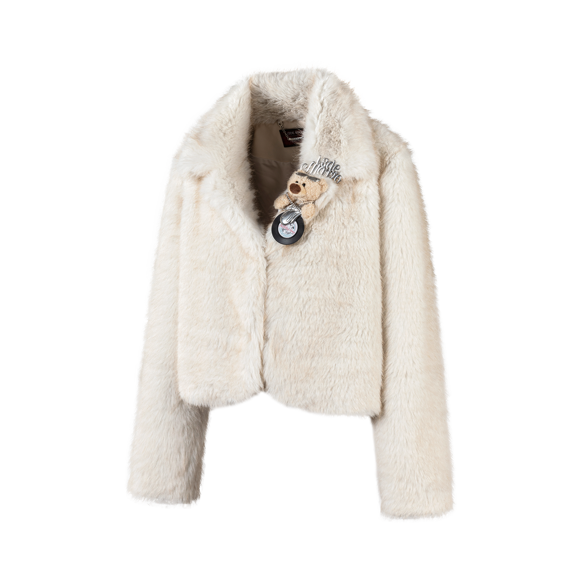 13DE MARZO Rolling Stones Cropped Faux Fur Jacket Beige
