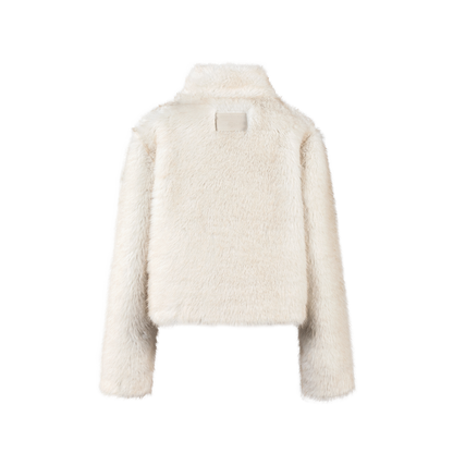 13DE MARZO Rolling Stones Cropped Faux Fur Jacket Beige