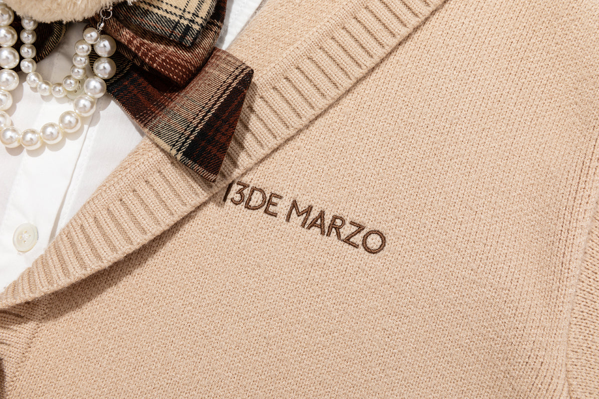 13DE MARZO Mock Three Piece Knit Pleated School Dress Khaki