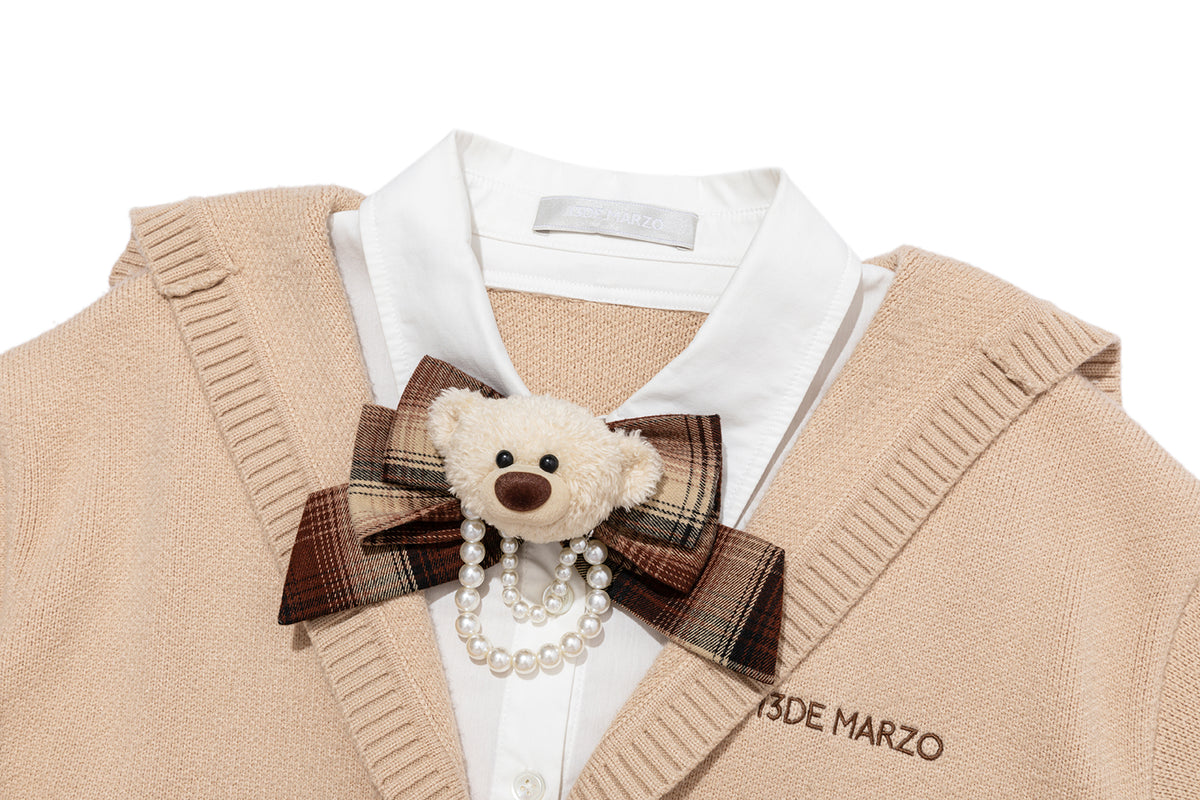 13DE MARZO Mock Three Piece Knit Pleated School Dress Khaki