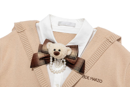 13DE MARZO Mock Three Piece Knit Pleated School Dress Khaki