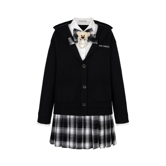 13DE MARZO Mock Three Piece Knit Pleated School Dress Black