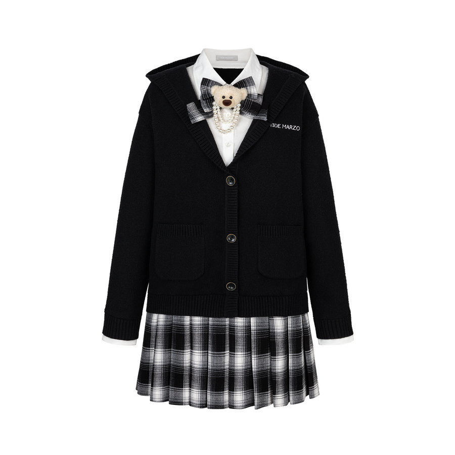 13DE MARZO Mock Three Piece Knit Pleated School Dress Black
