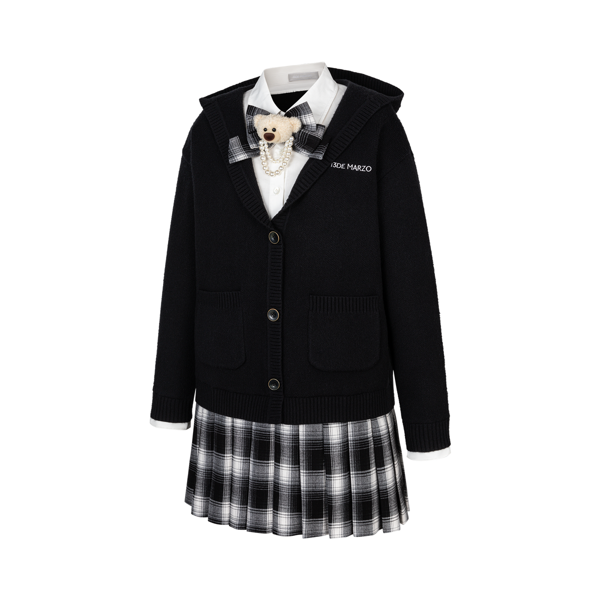 13DE MARZO Mock Three Piece Knit Pleated School Dress Black