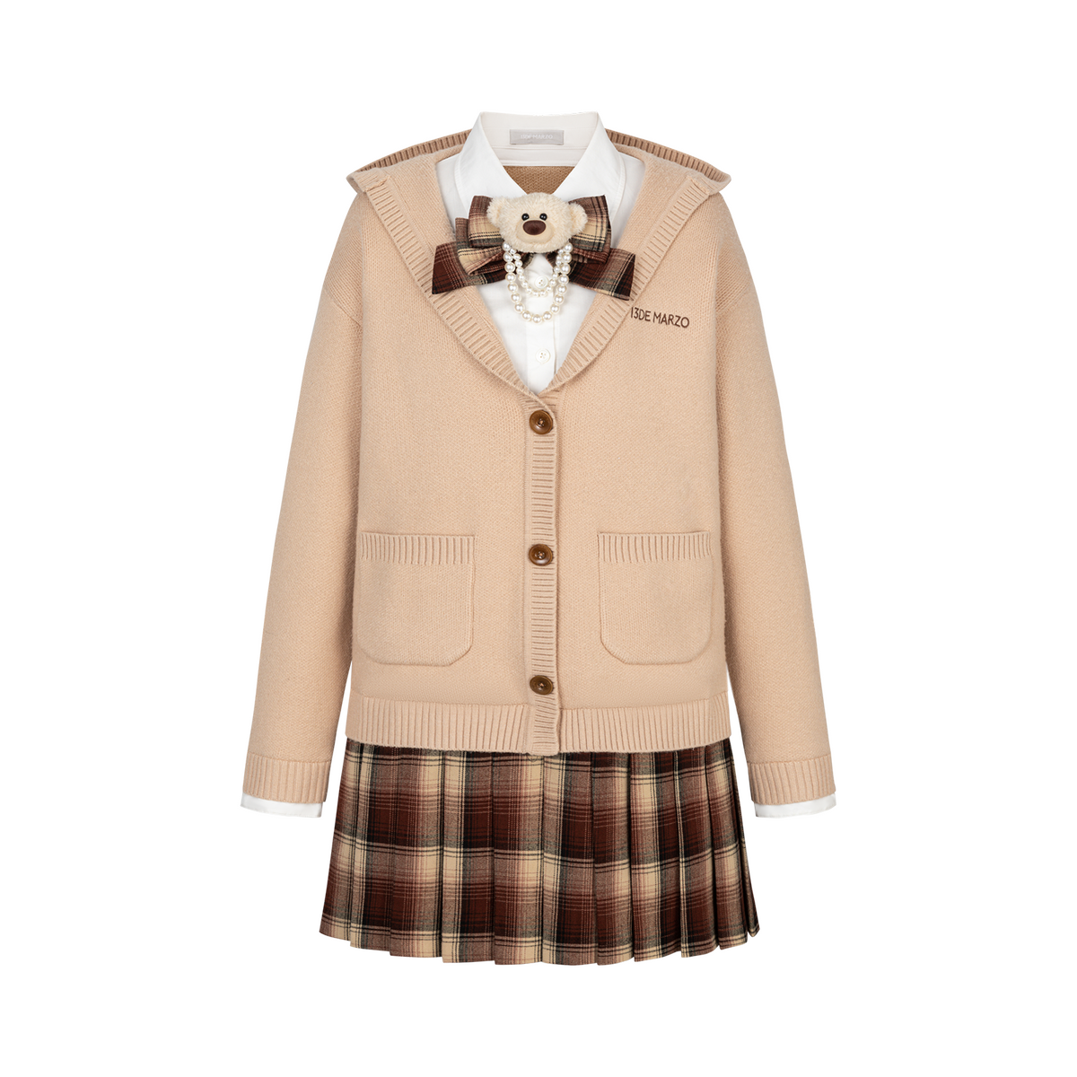 13DE MARZO Mock Three Piece Knit Pleated School Dress Khaki