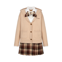 13DE MARZO Mock Three Piece Knit Pleated School Dress Khaki