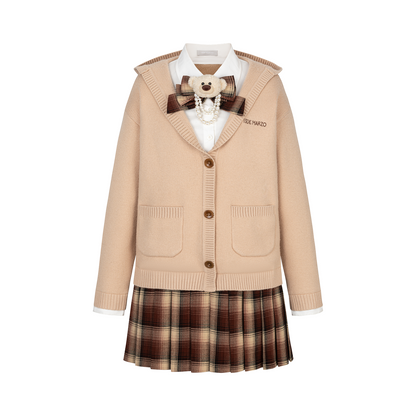 13DE MARZO Mock Three Piece Knit Pleated School Dress Khaki