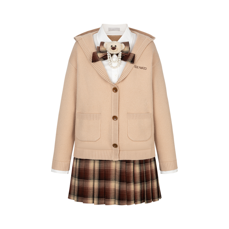 13DE MARZO Mock Three Piece Knit Pleated School Dress Khaki