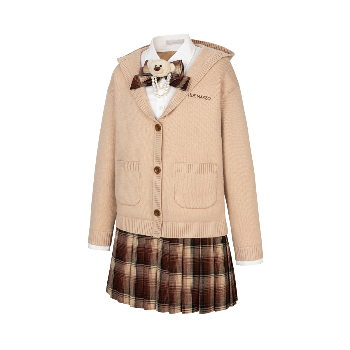13DE MARZO Mock Three Piece Knit Pleated School Dress Khaki