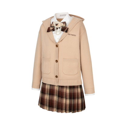 13DE MARZO Mock Three Piece Knit Pleated School Dress Khaki