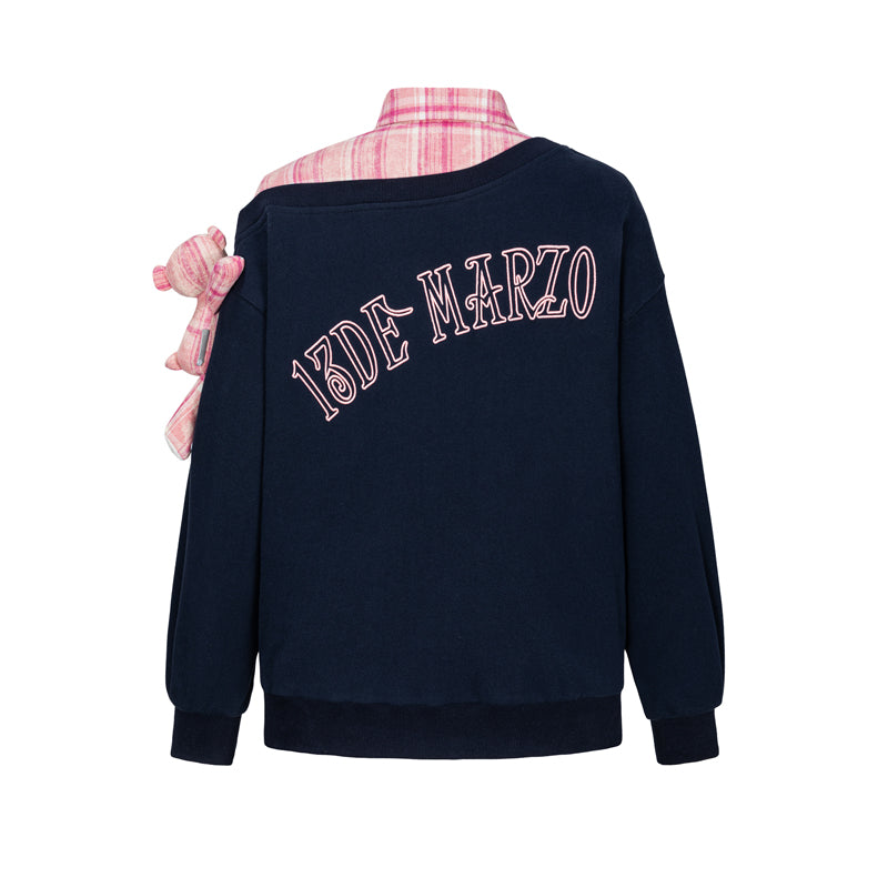 13DE MARZO Splicing Shirt Asymmetrical Shoulder Sweater - 13DE MARZO