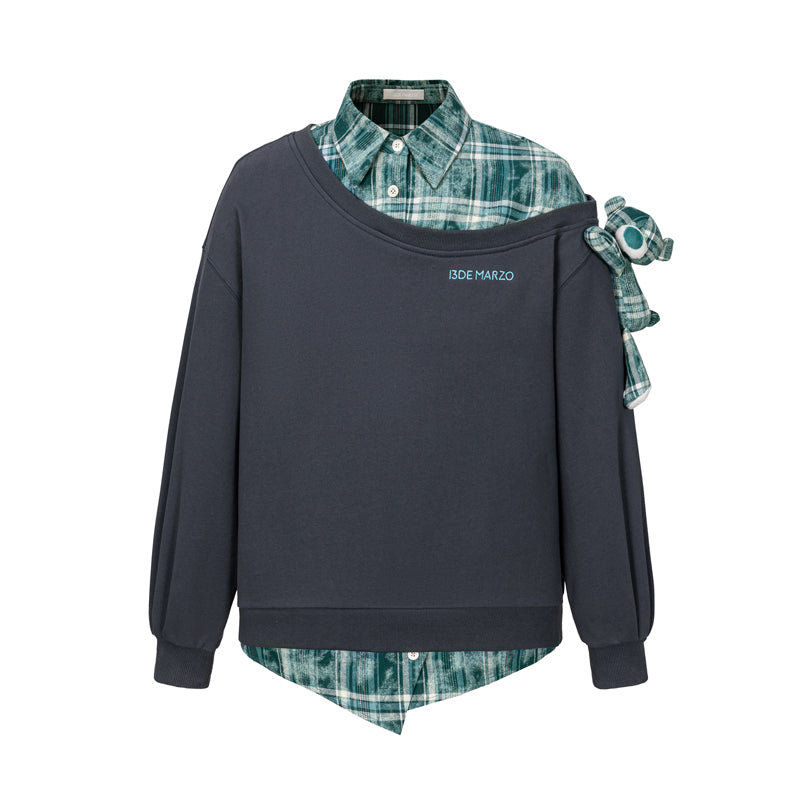 13DE MARZO Splicing Shirt Asymmetrical Shoulder Sweater - 13DE MARZO