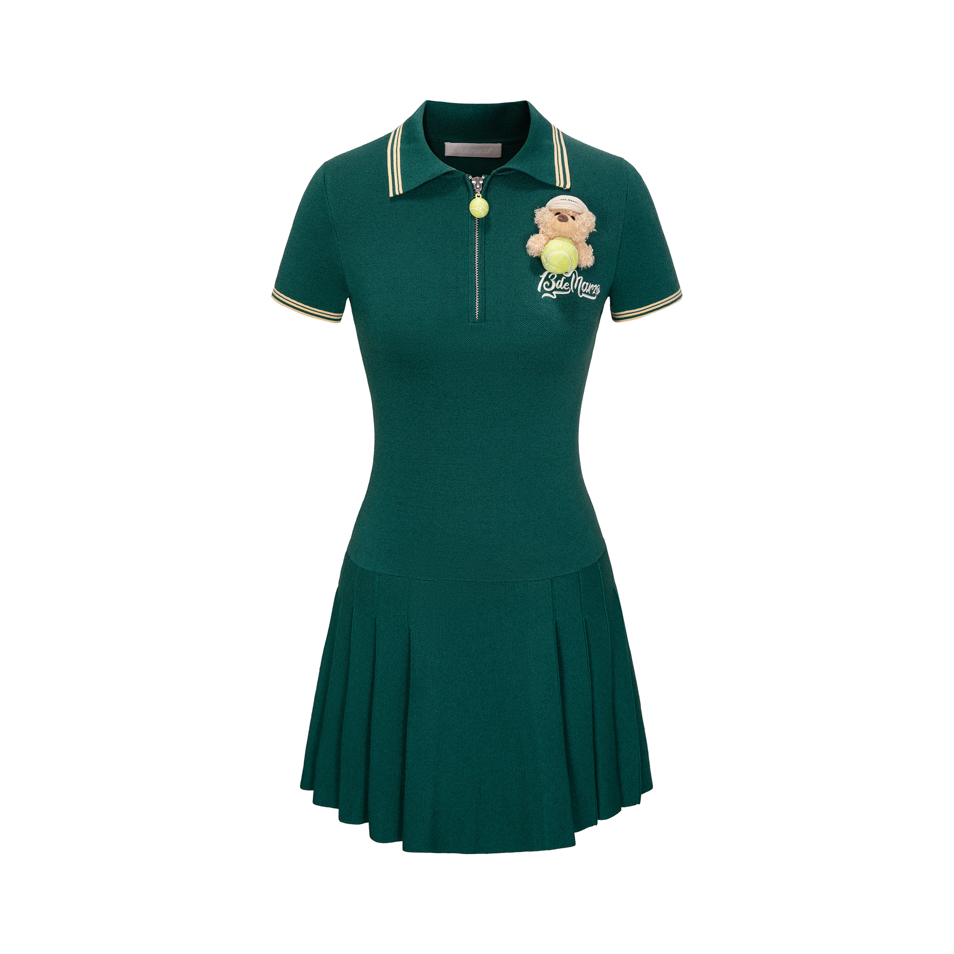 Green Marzo Tennis Dress Sporty Knit Pleated Dress with Bear Detail Green Marzo Tennis Dress Sporty Knit Pleated Dress with Bear Detail