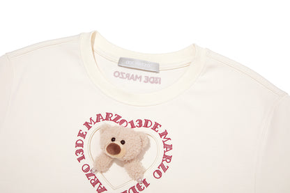 13DE MARZO Bear Hollow Heart T-shirt Beige