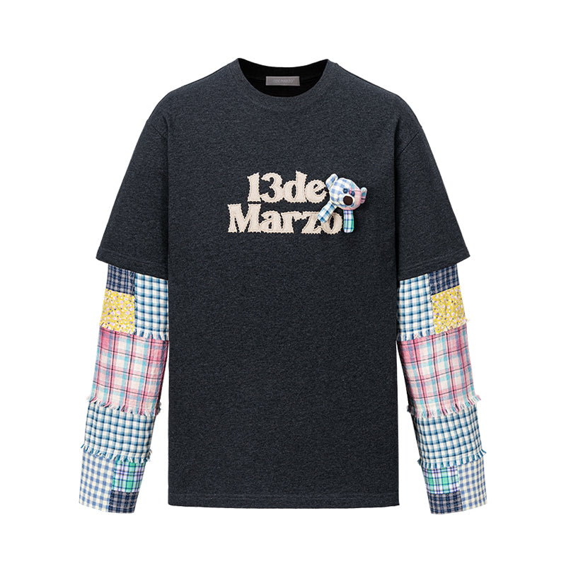 13DE MARZO Bear Plaid Sleeve T-shirt - 13DE MARZO