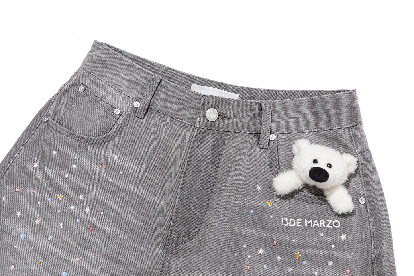 13DE MARZO Star Embellished Cropped Jeans Grey