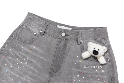 13DE MARZO Star Embellished Cropped Jeans Grey