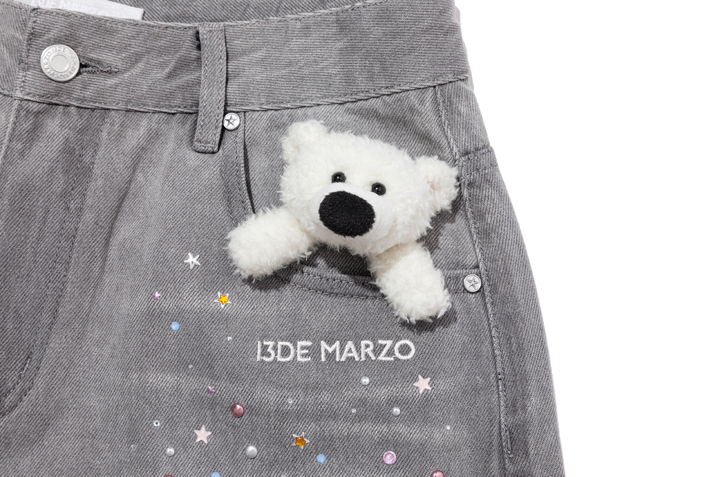 13DE MARZO Star Embellished Cropped Jeans Grey