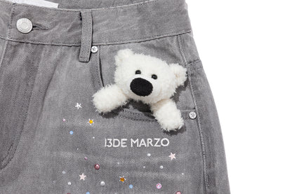 13DE MARZO Star Embellished Cropped Jeans Grey