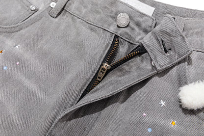 13DE MARZO Star Embellished Cropped Jeans Grey