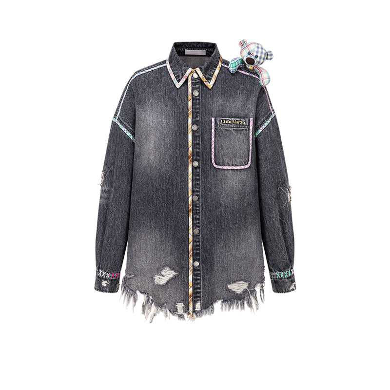 13DE MARZO Bear Plaid Line Denim Jacket - 13DE MARZO