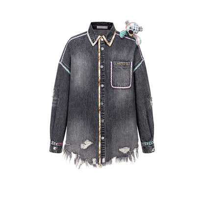 13DE MARZO Bear Plaid Line Denim Jacket - 13DE MARZO