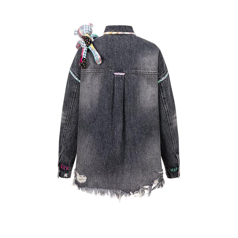 13DE MARZO Bear Plaid Line Denim Jacket - 13DE MARZO