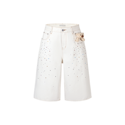13DE MARZO Star Embellished Cropped Jeans White