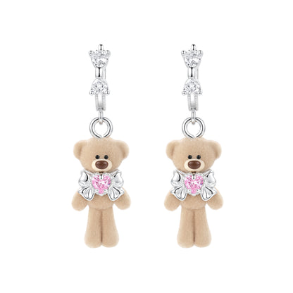 13DE MARZO Bow Heart Flocked Bear Earrings