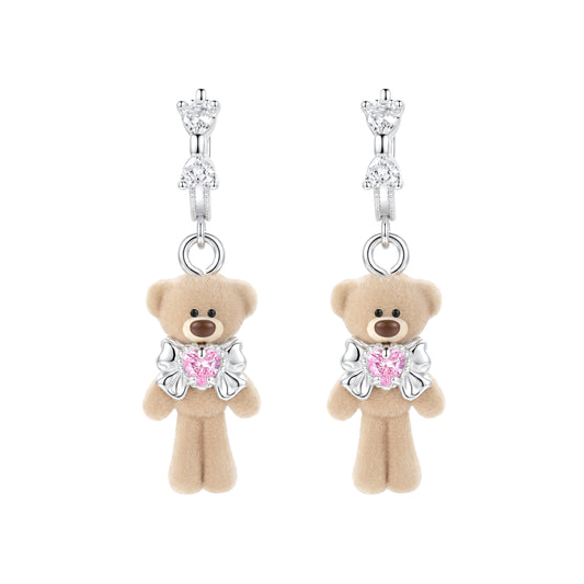 13DE MARZO Bow Heart Flocked Bear Earrings