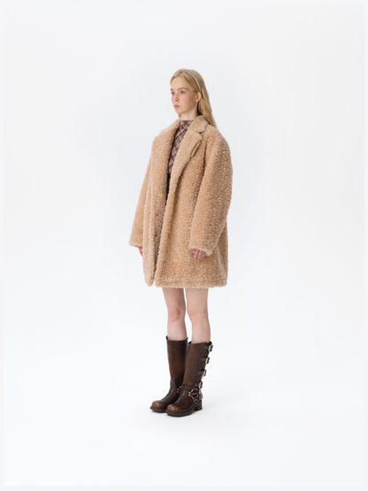 13DE MARZO Bear Fuzzy Long Coat Khaki - 13DE MARZO