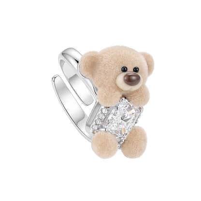 13DE MARZO Sugar Cube Zircon Bear Open Ring Khaki