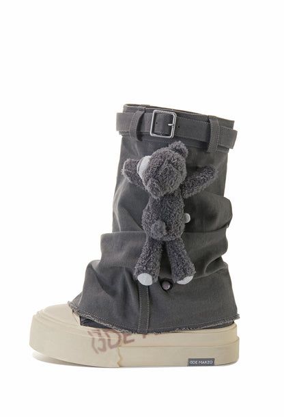 13DE MARZO Detachable Platform Canvas Slouch Boots Dark Grey