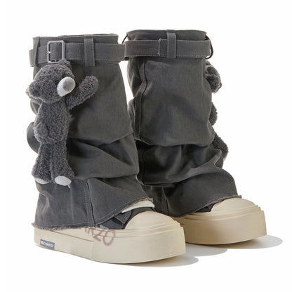 13DE MARZO Detachable Platform Canvas Slouch Boots Dark Grey