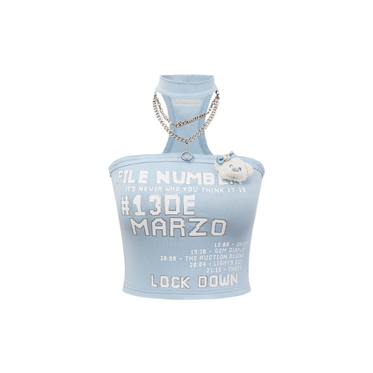 13DE MARZO Silver Foil Chain Print Bustier Top Blue