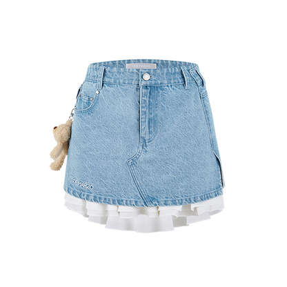 13DE MARZO Bear Folded Denim Skirt Blue