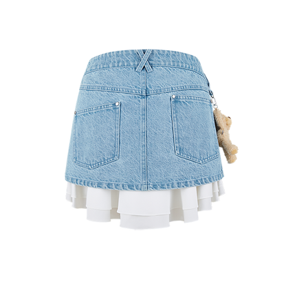 13DE MARZO Bear Folded Denim Skirt Blue