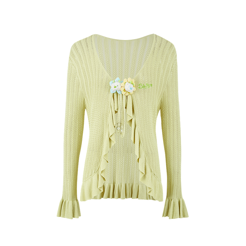 13DE MARZO Floral Lines Hollow Cardigan Green