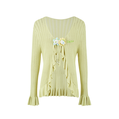 13DE MARZO Floral Lines Hollow Cardigan Green