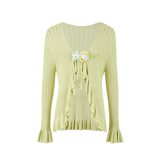 13DE MARZO Floral Lines Hollow Cardigan Green