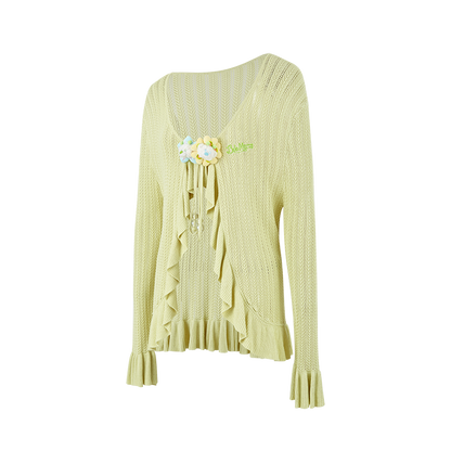 13DE MARZO Floral Lines Hollow Cardigan Green
