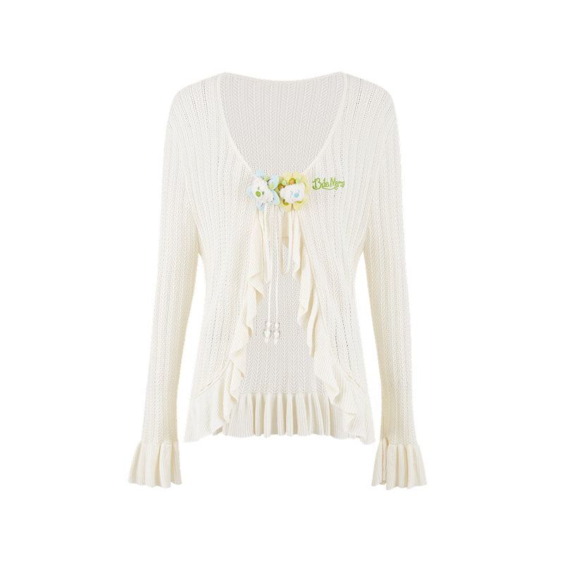 13DE MARZO Floral Lines Hollow Cardigan Beige